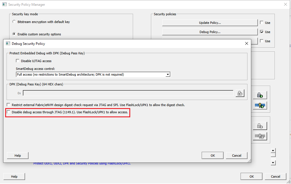 Limitation of Debug Policy feature in Configure Security Menu