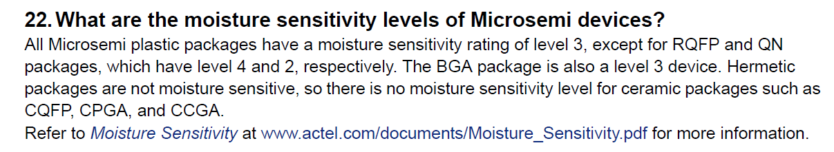 Moisture Sensitivity Levels of Microsemi SoC Products