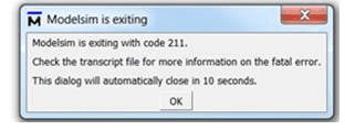 Modelsim ME exits with error code 211