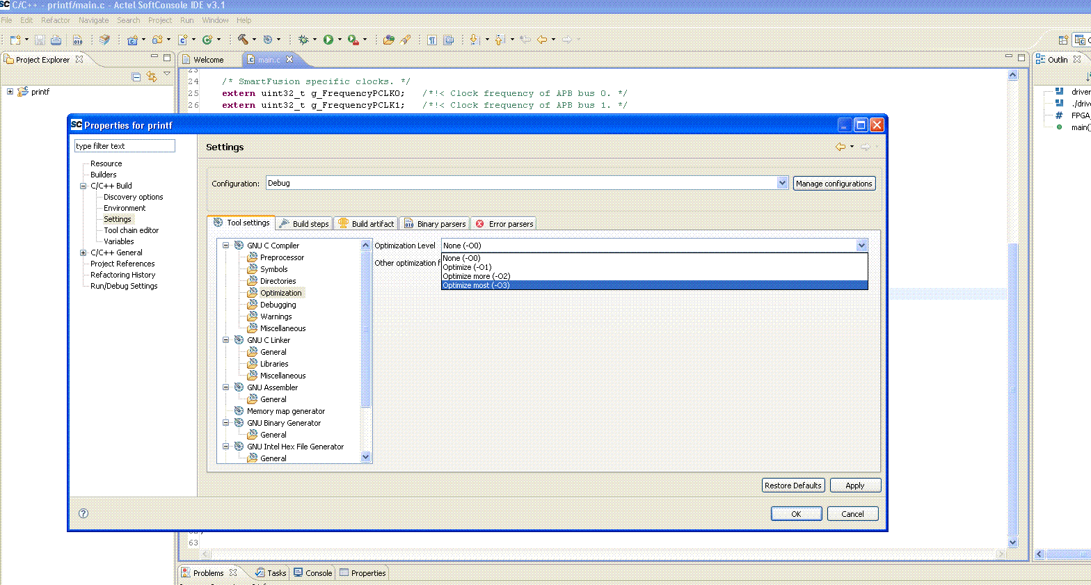 SmartFusion: Reducing code size by compiling out dead code in SoftConsole