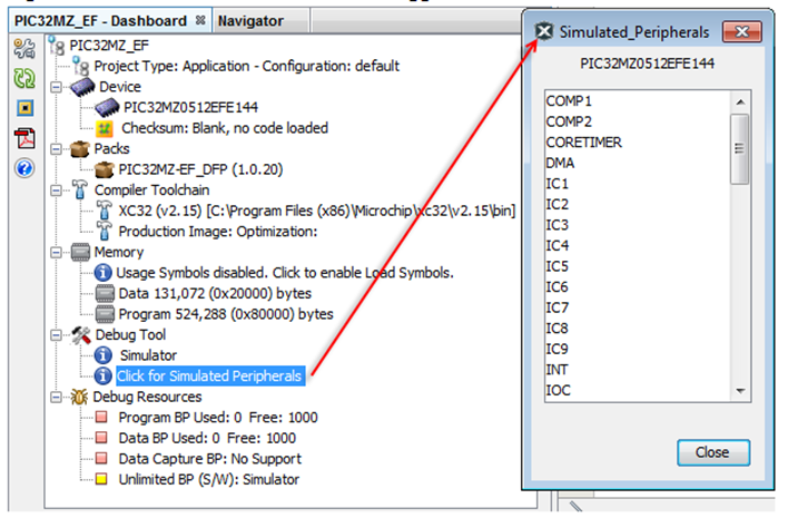 Peripherals supported by MPLAB X Simulator