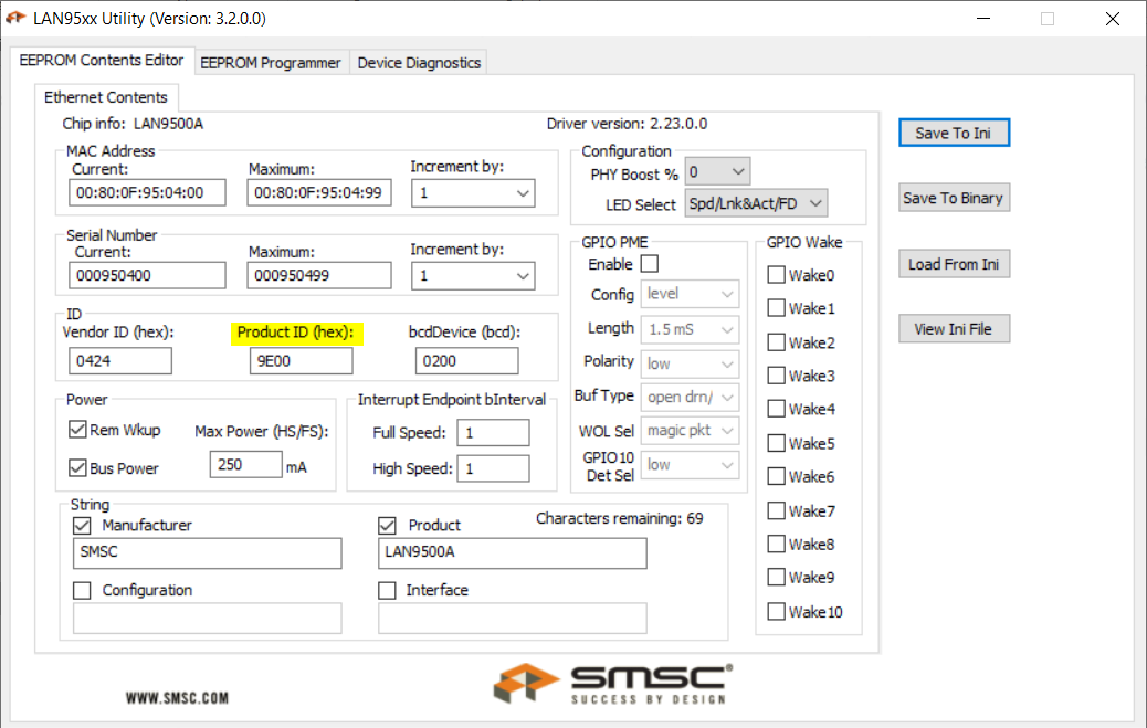 LAN9500A LED Configuration on Windows
