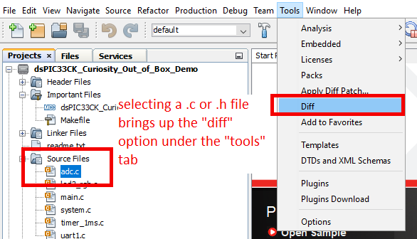 Diff Utility Visibility in MPLAB X IDE